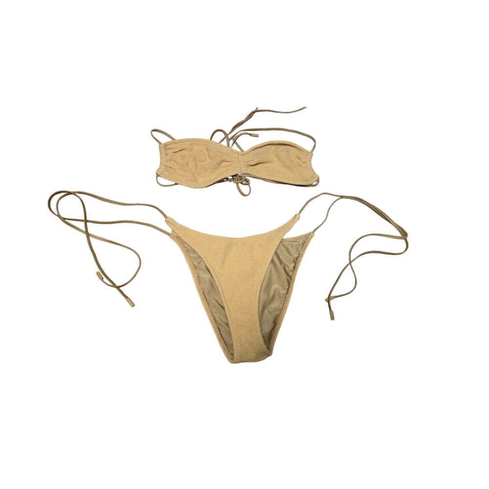 Triangl Tan Terry Cloth Bikini Set Bandeau Top High Cut Bottoms Small